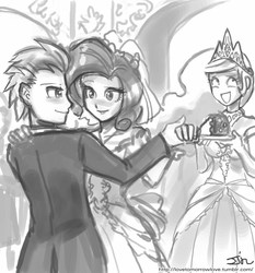 Size: 735x788 | Tagged: safe, artist:johnjoseco, princess celestia, rarity, spike, human, g4, awesome face, cake, cakelestia, dancing, female, grayscale, humanized, male, monochrome, palindrome get, ship:sparity, shipping, straight, waltz, wedding