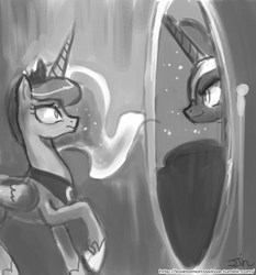 Size: 735x788 | Tagged: safe, artist:johnjoseco, nightmare moon, princess luna, g4, grayscale, mirror, monochrome