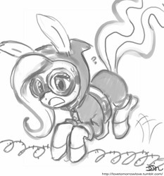 Size: 735x788 | Tagged: safe, artist:johnjoseco, fluttershy, pegasus, pony, g4, barbed wire, bunny ears, clothes, cute, dangerous mission outfit, female, goggles, grayscale, hoodie, mare, monochrome, solo