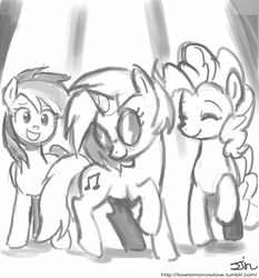 Size: 735x788 | Tagged: safe, artist:johnjoseco, dj pon-3, pinkie pie, rainbow dash, vinyl scratch, earth pony, pegasus, pony, unicorn, g4, dancing, eyes closed, grayscale, monochrome, open mouth, raised hoof, signature, vinyl's glasses