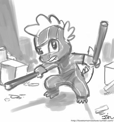 Size: 735x788 | Tagged: safe, artist:johnjoseco, spike, g4, action pose, crossover, eskrima sticks, grayscale, kick-ass, monochrome, request, solo