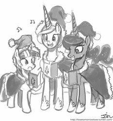 Size: 735x788 | Tagged: safe, artist:johnjoseco, princess celestia, princess luna, twilight sparkle, g4, caroling, christmas, grayscale, monochrome, singing