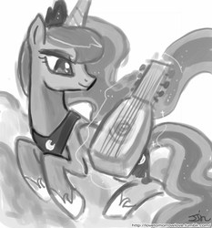 Size: 735x788 | Tagged: safe, artist:johnjoseco, princess luna, pony, g4, female, grayscale, lute, monochrome, musical instrument, solo