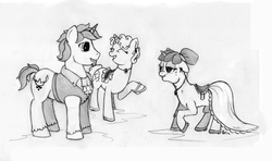 Size: 1000x590 | Tagged: safe, artist:paladin-drakkenwolf, pony, unicorn, black and white, clothes, dress, elderly, female, grayscale, male, mare, monochrome, old, party, reunion, rich, sketch, stallion, suit, traditional art