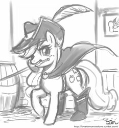 Size: 735x788 | Tagged: safe, artist:johnjoseco, applejack, earth pony, pony, g4, crossover, dreamworks, grayscale, monochrome, musketeer, puss in boots, puss in boots (film), shrek, solo, sword, weapon