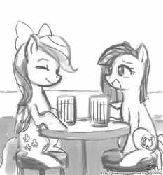 Size: 735x788 | Tagged: safe, artist:johnjoseco, flitter, marble pie, earth pony, pegasus, pony, g4, bow, duo, grayscale, hair bow, monochrome, mug, simple background, white background