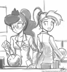 Size: 735x788 | Tagged: safe, artist:johnjoseco, allie way, princess luna, human, g4, bowling ball, glasses, grayscale, humanized, laboratory, monochrome, science, scientist