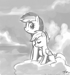 Size: 735x788 | Tagged: safe, artist:johnjoseco, rainbow dash, scootaloo, pegasus, pony, g4, cloud, eyes closed, female, filly, foal, grayscale, mare, monochrome, open mouth, scootalove, signature, sitting, sky