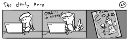 Size: 802x253 | Tagged: safe, artist:tetrapony, derpy hooves, pegasus, pony, comic:the daily derp, g4, background pony, clothes, computer, dress, female, food, laptop computer, mare, muffin, omg, prom, the derly perp