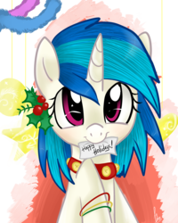 Size: 2000x2500 | Tagged: safe, artist:marisalle, dj pon-3, vinyl scratch, pony, g4, bell collar, collar, holly, jingle bells, mouth hold