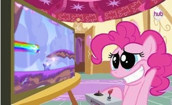 Size: 527x323 | Tagged: safe, edit, pinkie pie, g4, commercial, hub logo, robot unicorn attack, television, video game