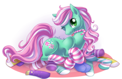 Size: 800x518 | Tagged: safe, artist:shinepawpony, minty, earth pony, pony, g3, g4, candy cane, clothes, female, g3 to g4, generation leap, simple background, socks, solo, striped socks, that pony sure does love socks, tongue out, transparent background