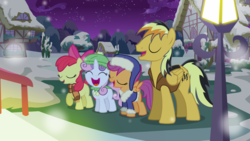 Size: 1600x900 | Tagged: safe, artist:jan, apple bloom, scootaloo, sweetie belle, oc, oc:electuroo, g4, caroling, clothes, cutie mark crusaders, hat, scarf