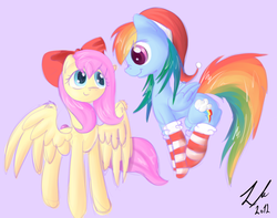 Size: 1384x1092 | Tagged: safe, artist:strangemoose, fluttershy, rainbow dash, g4, bow, clothes, hat, santa hat, socks, striped socks