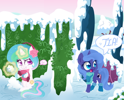 Size: 1512x1224 | Tagged: dead source, safe, artist:luminairous, princess celestia, princess luna, g4, chibi, clothes, cute, earmuffs, sisters, snow, snowball, sweater