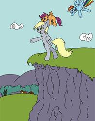 Size: 792x1008 | Tagged: safe, artist:spark-burst, derpy hooves, rainbow dash, scootaloo, pegasus, pony, g4, abuse, background pony, cliff, cloud, derp, fastball special, female, filly, flying lesson, implied scootabuse, mare, scootabuse, scootaloo can't fly, this will end in death, this will end in tears, this will end in tears and/or death