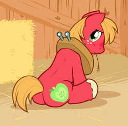 Size: 787x773 | Tagged: safe, artist:ajin, big macintosh, earth pony, pony, g4, barn, blushing, butt, cute, hay, hay bale, looking at you, looking back, male, plot, sitting, solo, stallion