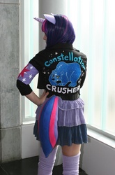 Size: 2092x3171 | Tagged: safe, artist:sanyukumiko, twilight sparkle, human, ursa minor, g4, clothes, cosplay, customized toy, irl, irl human, jacket, nekocon, photo, solo