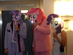Size: 733x550 | Tagged: safe, artist:krawalli, artist:owatheone, pinkie pie, rarity, twilight sparkle, human, pony head on human body, g4, clothes, convention, irl, irl human, mask, photo, rule 63, suit