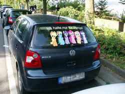 Size: 733x550 | Tagged: safe, applejack, fluttershy, pinkie pie, rainbow dash, rarity, twilight sparkle, g4, car, customized toy, german, germany, irl, mane six, photo, volkswagen, volkswagen polo