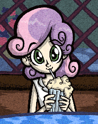 Size: 635x800 | Tagged: dead source, safe, artist:giyganmage, sweetie belle, human, g4, one bad apple, animated, clothes, cute, drinking, eyes closed, female, humanized, looking at you, milkshake, scene interpretation, solo