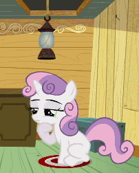 Size: 407x503 | Tagged: safe, screencap, scootaloo, sweetie belle, pegasus, pony, unicorn, g4, one bad apple, animated, blank flank, blinking, ceiling pony, clubhouse, crusaders clubhouse, cute, cutealoo, female, filly, foal, gritted teeth, idea, lantern, lidded eyes, lightbulb, looking at you, open mouth, sitting, smiling, teeth, visual gag