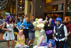 Size: 3456x2304 | Tagged: safe, artist:layettes, fluttershy, human, g4, convention, cosplay, everfree northwest, fursuit, group photo, irl, irl human, james wootton, photo