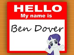 Size: 680x510 | Tagged: safe, rarity, pony, g4, bend over, looking at you, name tag, shrug, shrugpony, solo