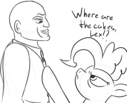 Size: 726x592 | Tagged: safe, pinkie pie, earth pony, human, pony, g4, and that's terrible, antagonist, crossover, dc comics, lex luthor, male, monochrome, pinkie pie is not amused, superman, unamused