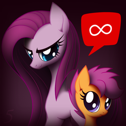 Size: 600x600 | Tagged: safe, artist:cybertronikpony, pinkie pie, scootaloo, tumblr:ask sadistic pinkamena, g4, ask, duo, icon, infinity, pinkamena diane pie, tumblr, tumblr icon