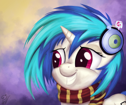 Size: 3600x3000 | Tagged: safe, artist:pirill, dj pon-3, pinkie pie, vinyl scratch, pony, g4, clothes, grin, headphones, scarf, smiling, solo