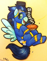 Size: 776x1000 | Tagged: safe, artist:onnanoko, soarin', pony, g4, badge, cute, male, pie, soarinbetes, solo, that pony sure does love pies, traditional art