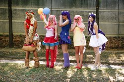 Size: 1280x853 | Tagged: safe, artist:nikitacosplay, artist:tomoyo chan, applejack, fluttershy, pinkie pie, rarity, twilight sparkle, human, g4, cosplay, high heels, irl, irl human, photo, shoes