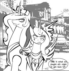 Size: 767x800 | Tagged: safe, artist:negativefade, princess celestia, princess luna, g4, clothes, coney island, crossover, hat, monochrome, ponified, the warriors