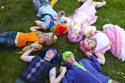 Size: 960x642 | Tagged: safe, artist:amalgam cosplay, artist:blossoming cosplay, artist:kaizoku cosplay, applejack, fluttershy, pinkie pie, rainbow dash, spike, twilight sparkle, human, g4, barefoot, cosplay, feet, irl, irl human, photo