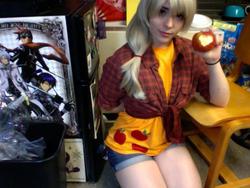 Size: 640x480 | Tagged: safe, artist:kaizoku cosplay, applejack, human, g4, apple, cosplay, food, irl, irl human, obligatory apple, photo, solo