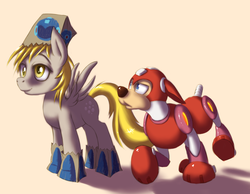 Size: 1280x993 | Tagged: safe, artist:swaetshrit, derpy hooves, pegasus, pony, g4, crossover, duo, female, mare, mega man (series), rush