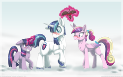 Size: 1024x643 | Tagged: safe, artist:inuhoshi-to-darkpen, princess cadance, shining armor, twilight sparkle, alicorn, pony, unicorn, g4, blushing, chest fluff, female, filly, holly, holly mistaken for mistletoe, male, ship:shiningcadance, shipper on deck, shipping, snow, straight, teen princess cadance, teenage shining armor, twilight the shipper, unshorn fetlocks