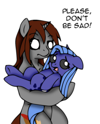 Size: 689x852 | Tagged: safe, artist:dankodeadzone, princess luna, oc, pony, g4, holding a pony, sad, simple background