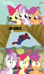 Size: 1128x1905 | Tagged: safe, edit, edited screencap, screencap, apple bloom, scootaloo, sweetie belle, g4, hearts and hooves day (episode), 60s spider-man, comic, cutie mark crusaders, hearts and hooves day, male, mattress, meme, pit, screencap comic, shovel, spider-man