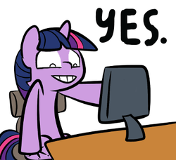 Size: 400x364 | Tagged: safe, artist:ocarina0ftimelord, edit, twilight sparkle, g4, chair, computer, grin, happy, hoofbump, inverted mouth, monitor, one word, pc, reaction image, smiling, want, yes
