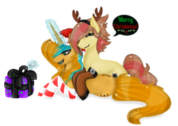 Size: 1024x724 | Tagged: safe, artist:nekomellow, oc, oc only, earth pony, pony, unicorn, christmas, hat, present, santa hat