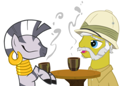 Size: 800x560 | Tagged: safe, artist:queencold, zecora, oc, zebra, g4, colonel mustard, hat, pith helmet, simple background, story in the comments, transparent background