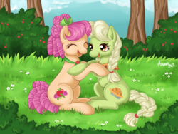 Size: 2000x1500 | Tagged: safe, artist:amenoo, apple rose, granny smith, earth pony, pony, g4, duo, duo female, eyes closed, family reunion, female, hug, open mouth, young apple rose, young granny smith, younger