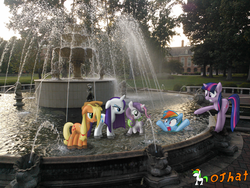 Size: 3264x2448 | Tagged: safe, artist:ojhat, applejack, rainbow dash, rarity, sweetie belle, twilight sparkle, g4, fountain, irl, photo, ponies in real life, wet, wet mane, wet mane rarity