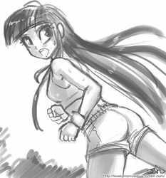Size: 735x788 | Tagged: safe, artist:johnjoseco, twilight sparkle, human, g4, ass, butt, clothes, female, grayscale, humanized, looking back, midriff, monochrome, open mouth, running shorts, shorts, solo, sports bra, sweat, tomboy, twibutt, watermark, wristband