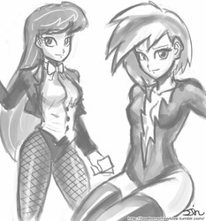 Size: 735x788 | Tagged: safe, artist:johnjoseco, dj pon-3, octavia melody, vinyl scratch, human, g4, clothes, dc comics, duo, duo female, female, grayscale, humanized, livewire, looking at you, monochrome, pantyhose, zatanna