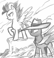 Size: 735x788 | Tagged: safe, artist:johnjoseco, mare do well, rainbow dash, pegasus, pony, g4, cape, clothes, grayscale, hat, monochrome, simple background, spread wings, white background, wind, wings