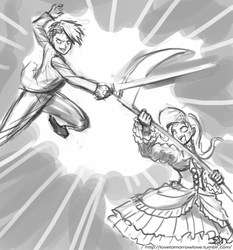 Size: 735x788 | Tagged: safe, artist:johnjoseco, trixie, human, g4, battler ushiromiya, crossover, erika furudo, fight, grayscale, humanized, monochrome, scythe, sword, umineko no naku koro ni