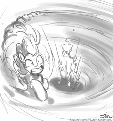 Size: 735x788 | Tagged: safe, artist:johnjoseco, pinkie pie, earth pony, pony, g4, female, grayscale, monochrome, solo, speed, xk-class end-of-the-world scenario